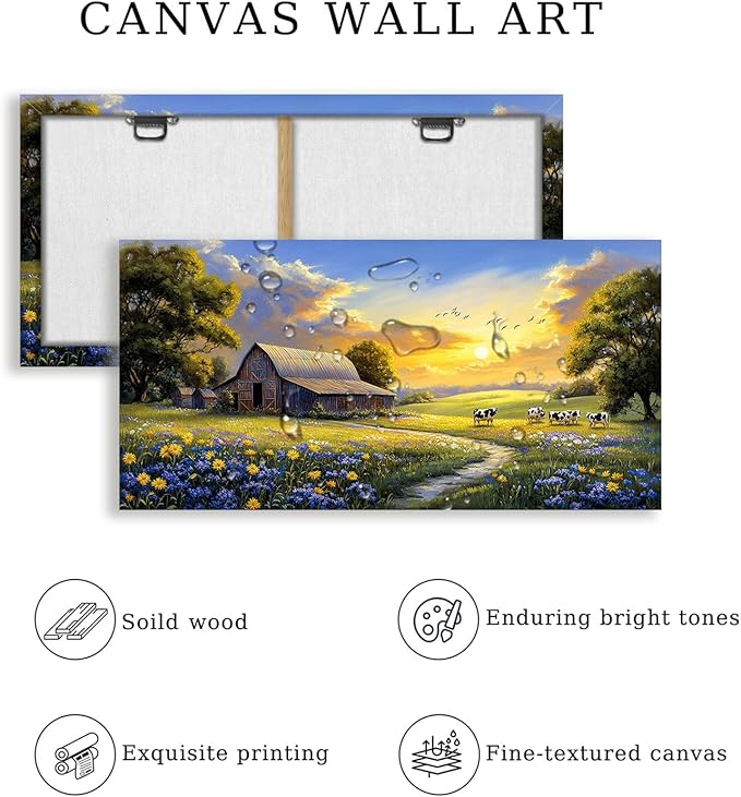 crmotu Rustic Farmhouse Wall Art, Nature Pastoral Landscape Large Artwork, Dairy Cow Farm Sunset Canvas Painting, Meadow Wildflower Pictures Wall Decor Living Room Kitchen Bathroom Art Prints 20X40 In