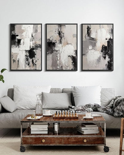 Modern Neutral Abstract Canvas Wall Art Set of 3, Extra Large Black White Gray Triptych Hand Painted Artwork 24x36, Solid Wood Framed Contemporary Minimalist Living Room Bedroom Office Decor