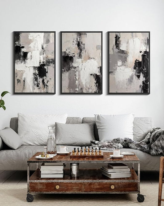 Modern Neutral Abstract Canvas Wall Art Set of 3, Extra Large Black White Gray Triptych Hand Painted Artwork 24x36, Solid Wood Framed Contemporary Minimalist Living Room Bedroom Office Decor