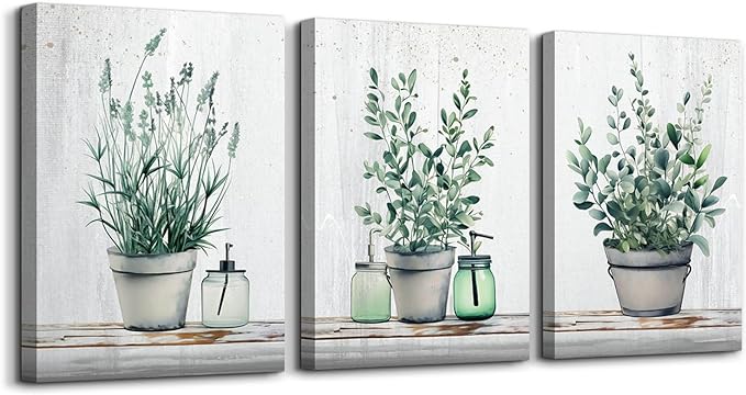 MHARTK66 Canvas Wall Art For Bedroom Living Room Canvas Prints Artwork Bathroom Wall Decor Green Plants Painting 16" X 24" 3 Pieces Modern Framed Ready To Hang Office Home Decorations