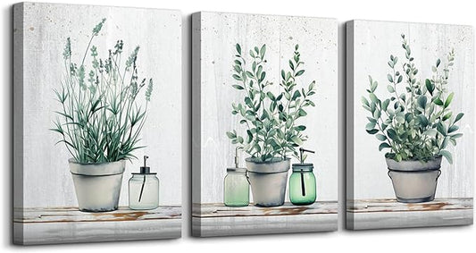 MHARTK66 Canvas Wall Art For Bedroom Living Room Canvas Prints Artwork Bathroom Wall Decor Green Plants Painting 16" X 24" 3 Pieces Modern Framed Ready To Hang Office Home Decorations