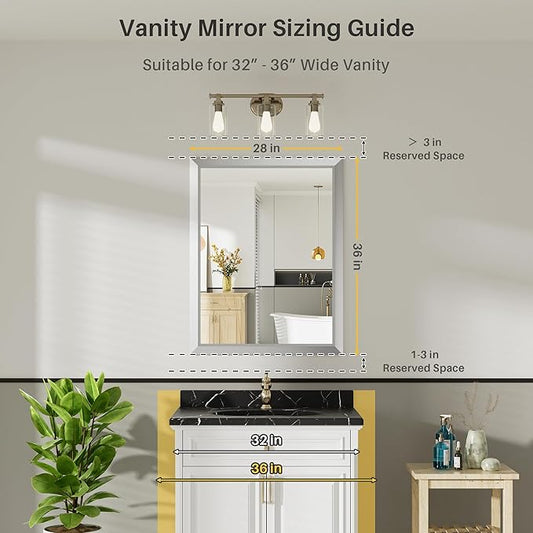 28x36 Inch Brushed Silver Bathroom Mirror for Wall, Thick Metal Framed Rectangle Mirrors for Over Sink, Bedroom, Living Room, Entryway, Anti-Rust, HD Tempered Glass