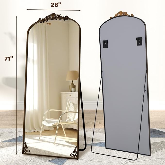 XRAMFY Arched Full Length Mirror, 71'' x 28'' Vintage Full Body Mirror with Carved for Home Decor, Standing Floor Mirror for Wall for Living Room, Bedroom, Cloakroom, Bronze, Retro Style