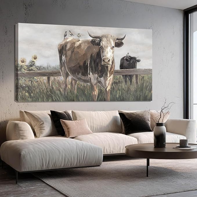 ZENPEE Large Brown and Black Cow Canvas Wall Art – Vintage Farmhouse Animal Decor for Bedroom, Bathroom, Office, Fireplace & Kitchen, 29 x 58 Inch