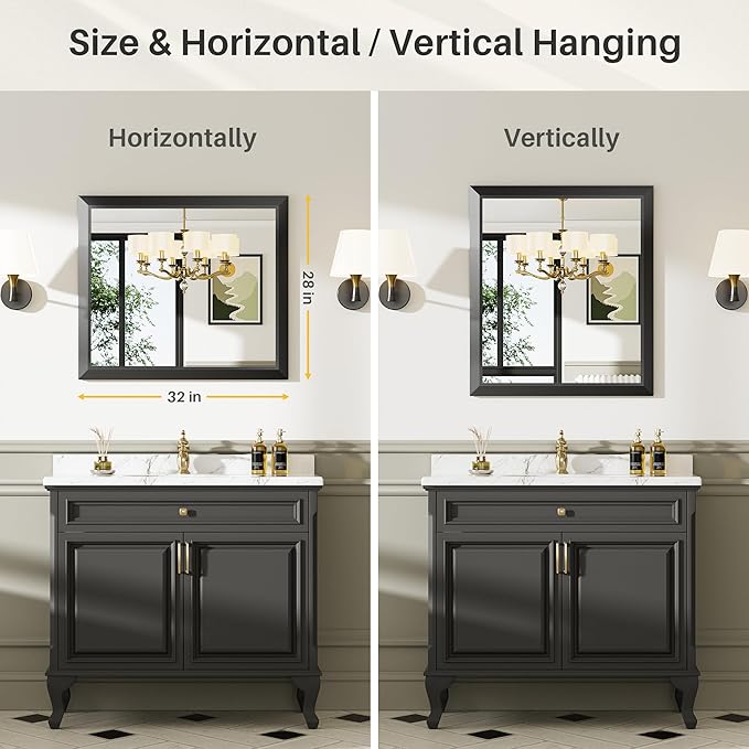 Briivue 28x32 Inch Black Bathroom Mirror for Wall, Thick Metal Framed Rectangle Mirrors for Over Sink, Bedroom, Living Room, Entryway, Anti-Rust, HD Tempered Glass