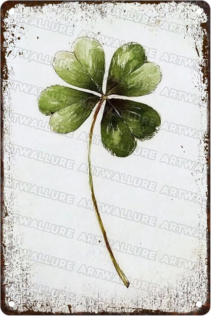 Retro Metal Tin Sign Four Leaf Clover Art Rustic Wall Decor Good Luck Charm Decor Green Nature Wildlife Watercolor Metal Sign Meadow Flower Modern Floral Garden Home Decor 8x12inch