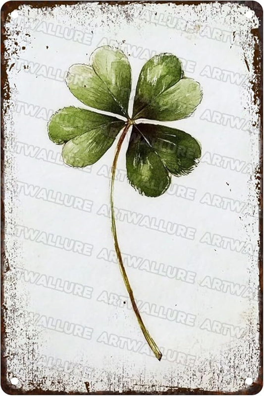 Retro Metal Tin Sign Four Leaf Clover Art Rustic Wall Decor Good Luck Charm Decor Green Nature Wildlife Watercolor Metal Sign Meadow Flower Modern Floral Garden Home Decor 8x12inch