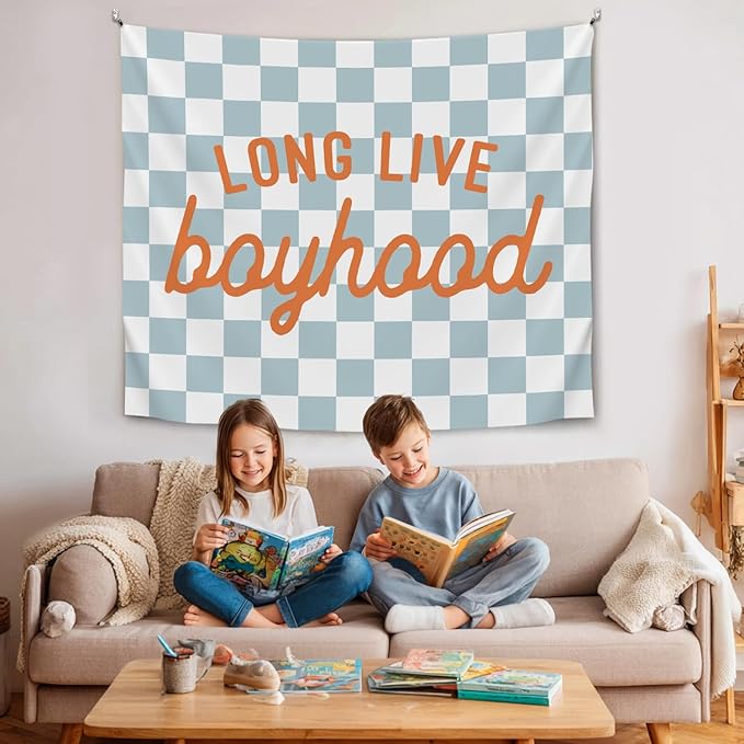 Vintage Blue Checkerboard Wall Tapestry – Long Live Boyhood Soft Flannel Tapestry ，Preppy Boys Bedroom Dorm Room Decor for Boy Bedroom Living Room,Birthday Party Wall Art Decoration 59x51 inch (Blue-Boyhood)