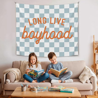 Vintage Blue Checkerboard Wall Tapestry – Long Live Boyhood Soft Flannel Tapestry ，Preppy Boys Bedroom Dorm Room Decor for Boy Bedroom Living Room,Birthday Party Wall Art Decoration 59x51 inch (Blue-Boyhood)