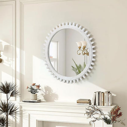ULIKE Round Wood Mirror, 30 Inch Rustic Farmhouse Circle Mirror with Wooden Frame, Modern Wall Decor for Bathroom Nursery Bedroom Living Room Entryway, White