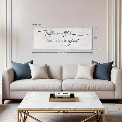Taste And See That The Lord Is Good Bible Verses Framed Wall Sign For Family Living Room Kitchen Farmhouse Dining Room Vintage Boho Wall Art Decoration For Living Room Bedroom, 40 X 15 Inch, White