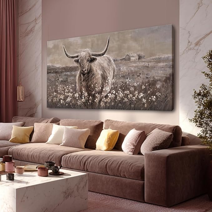 Beige and Brown Highland Cow Canvas Wall Art - 24x48 Inch Framed Large Painting for Rustic Farmhouse Living Room, Vintage Bedroom, Office Decor, Cow Lover Gift