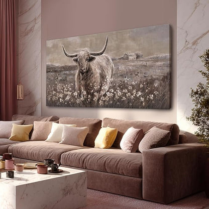 Beige and Brown Highland Cow Canvas Wall Art - 24x48 Inch Framed Large Painting for Rustic Farmhouse Living Room, Vintage Bedroom, Office Decor, Cow Lover Gift