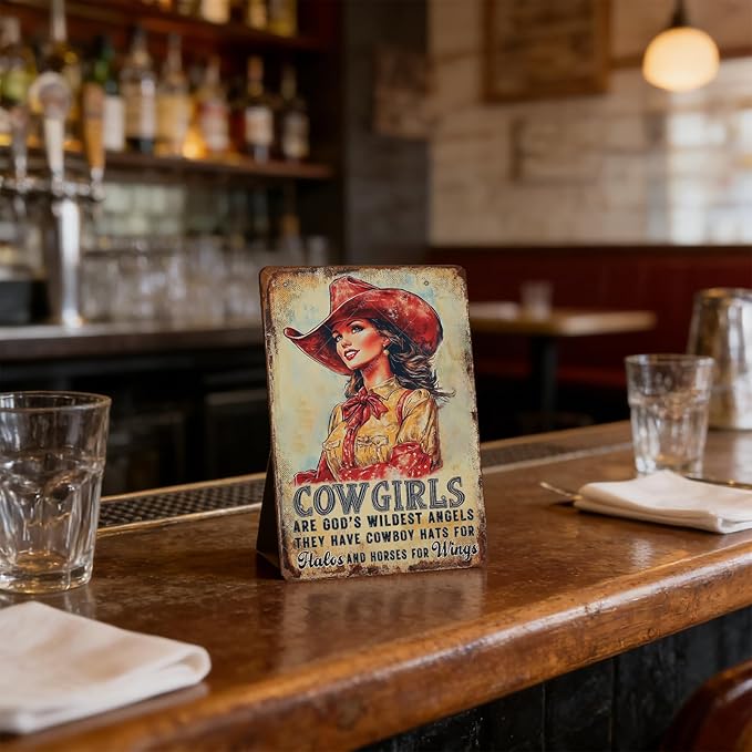Cowgirl Sign Vintage Metal Tin Sign Cowgirl Are God's Wildest Angels They Have Cowboy Hats for Halos and Horse for Wings Teen Girls Room Decor Wall Art Print 12x8 Inch