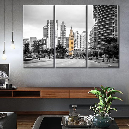 TUMOVO American Cityscape Canvas Wall Art Miami USA Downtown City Skyline Artwork Pictures Black and White Wall Art 3 Panel Posters and Prints Framed Ready to Hang (60" Wx40 H)