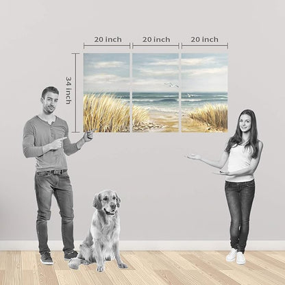 Hardy Gallery Abstract Beach Painting Wall Art: Seashore Artwork Hand Painted Coastal Picture on Canvas for Office (20'' x 34'' x 3 Panels)
