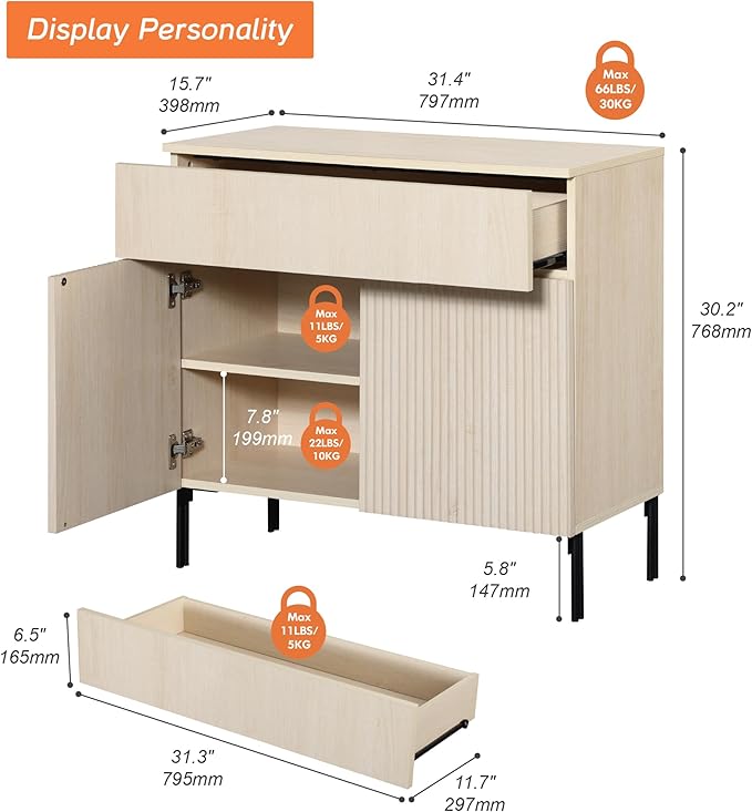 WAMPAT Fluted TV Stand TVs up to 35", 31.5" W Modern TV Entertainment Center with Storage Cabinets and 1 Drawers & 2 Doors, Wood Media TV Console Table with Storage for Living Room, Beige