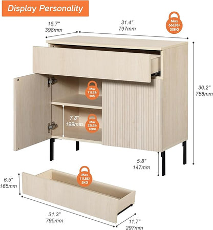 WAMPAT Fluted TV Stand TVs up to 35", 31.5" W Modern TV Entertainment Center with Storage Cabinets and 1 Drawers & 2 Doors, Wood Media TV Console Table with Storage for Living Room, Beige