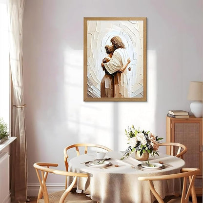Framed Jesus Hugging Woman Canvas Wall Art God & Girl Wall Decor Safe in His Arms Pictures Modern Christian Healing Embrace Mormon Prints Posters Artwork for Living & Prayer Room Bedroom Decor 12x16in