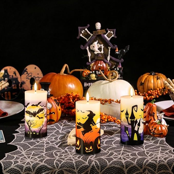 Halloween Flameless LED Candles Battery Operated with Remote and Timer, Real Wax Flickering Pillar Candles 3D Wick Dimmable Light Castle Witch Bats Halloween Decor(3 Pack, 3 x 6 Inches)