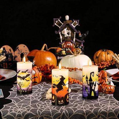 Halloween Flameless LED Candles Battery Operated with Remote and Timer, Real Wax Flickering Pillar Candles 3D Wick Dimmable Light Castle Witch Bats Halloween Decor(3 Pack, 3 x 6 Inches)