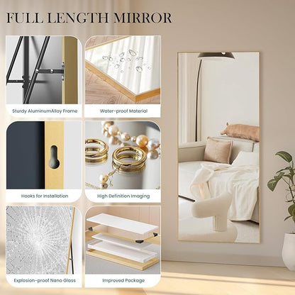 NEWBULIG Mirror Full Length, 71"x26" Body Wall Mirrors with Shatter-Proof Glass, Upgraded Floor Standing Mirror, Hanging or Leaning, with Stand Aluminum Alloy Frame for Home Decor, Bedroom, Gold