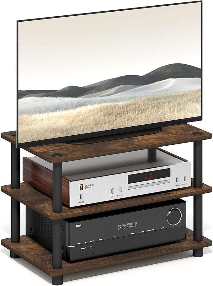 Furinno Turn-N-Tube TV Stand, 3-Tier Corner Entertainment Center with Open Shelves, Toolless TV Console for TV up to 32 Inch, Open Back, Easy Assembly, for Living Room, Bedroom, Amber Pine