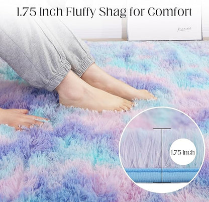Puremy Rainbow Rug for Girls Room, 3x5 Fluffy Area Rugs for Bedroom, Colorful Kids Rug Cute Anti-Skid Indoor Carpet for Nursery, Living Room, Playroom, Home Decor