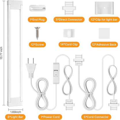 6 Pcs 14inch Plug in Under Cabinet Lighting for Kitchen, 6500k Bright White Linkable LED Under Counter Wired Lights for Shelf/Bookshelf/Workbench/Over Sink