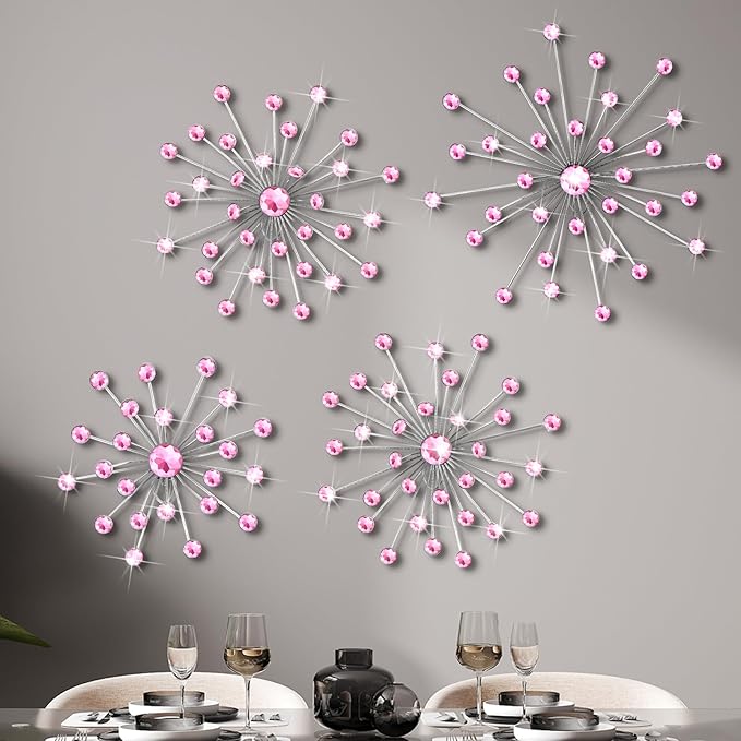 Funnymoom 4 Pcs Pink Starburst Wall Decor Metal Bling Wall Art Pink Crystal Sparkling Rhinestones Bling Decorative Hanging Diamond for Living Room Bedroom Home Office