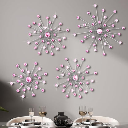 Funnymoom 4 Pcs Pink Starburst Wall Decor Metal Bling Wall Art Pink Crystal Sparkling Rhinestones Bling Decorative Hanging Diamond for Living Room Bedroom Home Office