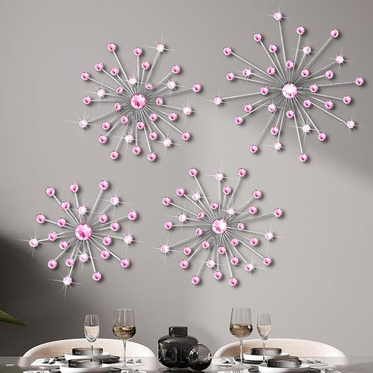 Funnymoom 4 Pcs Pink Starburst Wall Decor Metal Bling Wall Art Pink Crystal Sparkling Rhinestones Bling Decorative Hanging Diamond for Living Room Bedroom Home Office