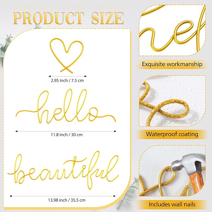 Hicarer Metal Hello Gorgeous Wall Art Minimalist Decor for Bedroom Bathroom Living Room Dressing Room Salon Office Home Decorations Easy to Install Wall Decor(Gold,Lovely Style)