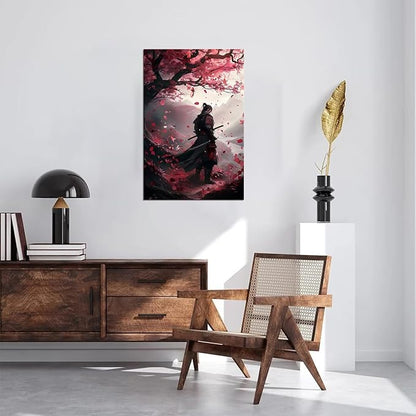 Japanese Samurai Wall Art Japan Warrior Plum Painting Canvas Prints Black and Red Picture Modern Watercolor Painting for Bedroom Living Room Office Home Decoration Framed (18''W x 24''H)