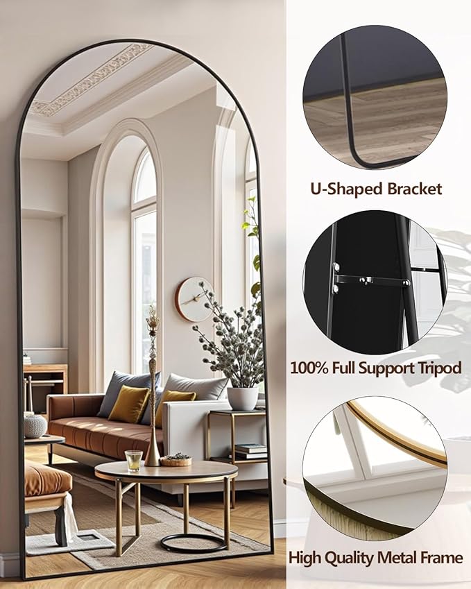 DMWOODFL 77"x38" Black Arched Full Length Mirror - Space-Saving Floor/Wall Mirror with Stand, Durable Aluminum Frame for Entryway, Dressing Room