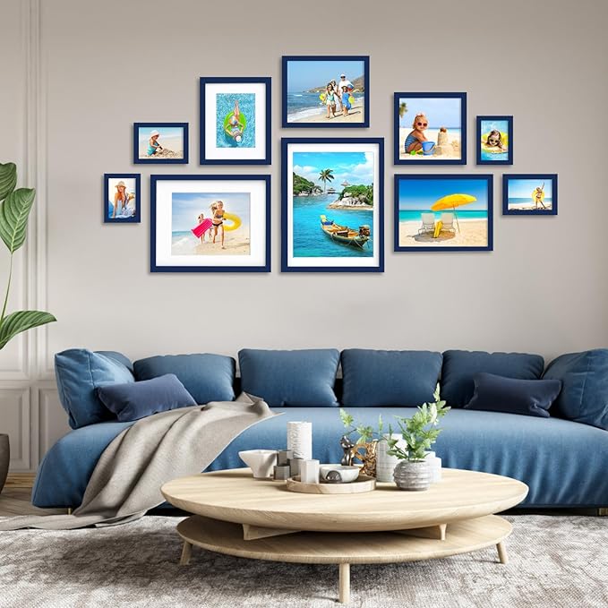 Egofine 8x10 Picture Frames 4PCS, Made of Solid Wood Display 4x6 and 5x7 with Mat Covered by Plexiglass, for Table Top Display and Wall Mounting Photo frame, Navy Blue