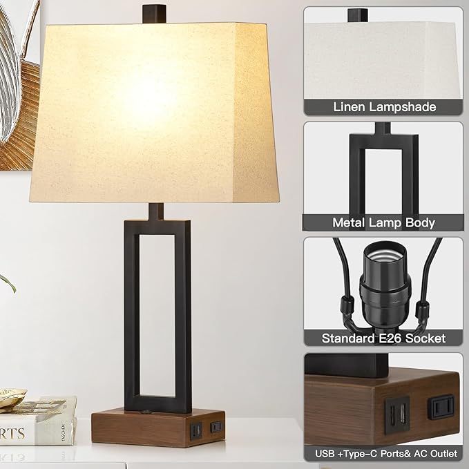 Lolikit Table Lamp for Bedroom Set of 2 with 2 USB Ports and AC Power Outlet, 23.5" Modern Bedside Lamp, Wood Nightstand Lamp with Linen Shade for Living Room Hotel Desk(LED Bulb Included)