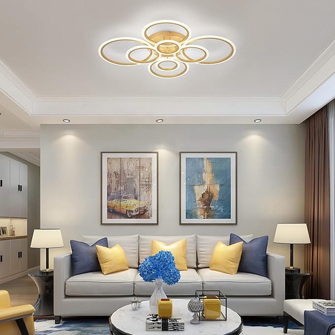 Modern LED Flush Mount Ceiling Light, 8 Rings Gold Close to Ceiling Light Fixtures, Living Room Lighting Ceiling Lamp for Dining Room, Bedroom, Kitchen, 4000K Not Dimmable