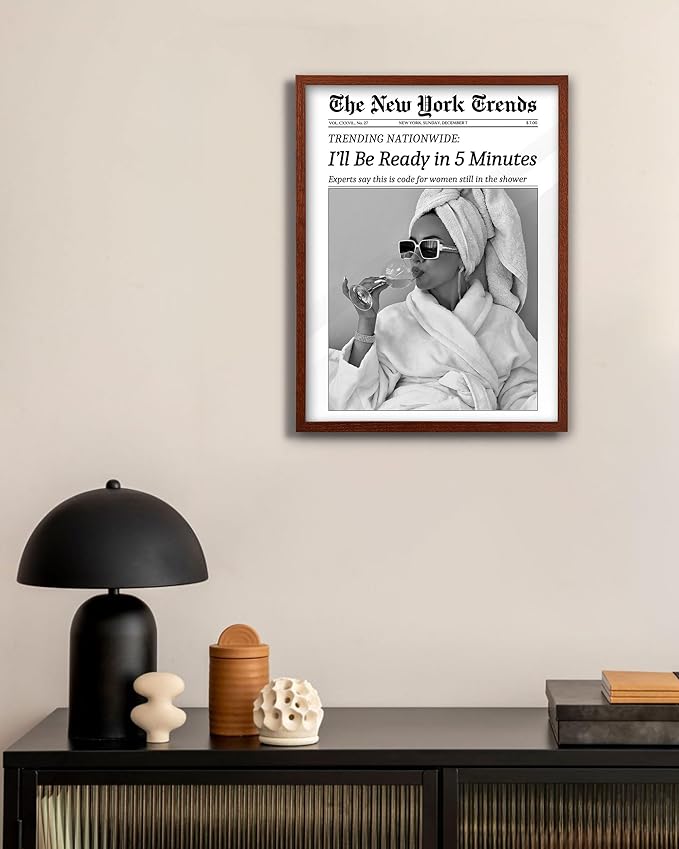 EcoHest 12x16 in Walnut Solid OAK Wood Framed Wall Art, Newspaper I'll Be Ready in 5 Minutes Print, Feminist Makeup Canvas Wall Art Home Decor, Retro Bathroom Decor, Set of 1 For Bedroom Living Room