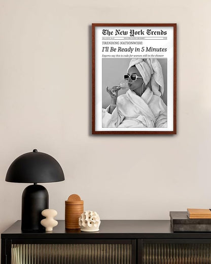 EcoHest 12x16 in Walnut Solid OAK Wood Framed Wall Art, Newspaper I'll Be Ready in 5 Minutes Print, Feminist Makeup Canvas Wall Art Home Decor, Retro Bathroom Decor, Set of 1 For Bedroom Living Room