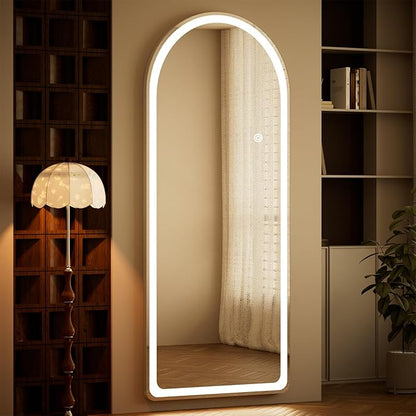 Arch LED Mirror Full Length - 26" x 71" Arched Top Rounded Corners Floor Full Body Mirror with 3 Color Lights Brightness Adjustable, Standing Leaning for Bedroom, Dressing Room, White