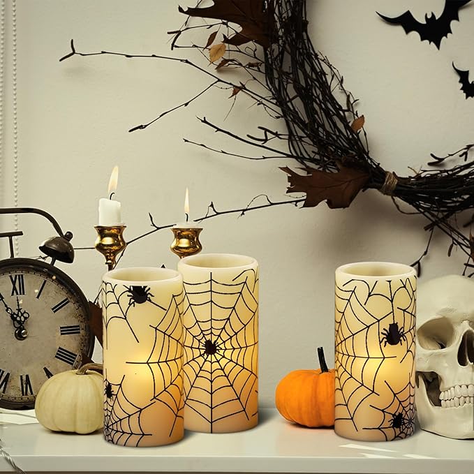 Flameless Candles Battery Operated with Timer, Set of 3 Spider Cobweb Decals Yellow Light Real Wax LED Flickering Pillar Candles Dinner Tabletop Halloween Home Decoration (3" x 6")