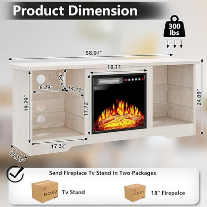 TAVATA Fireplace TV Stand with 18''Fireplace, Modern Entertainment Center for TVs up to 65 inch, Media TV Console with Adjustable Glass Shelves and Storage Cabinets (Beige)