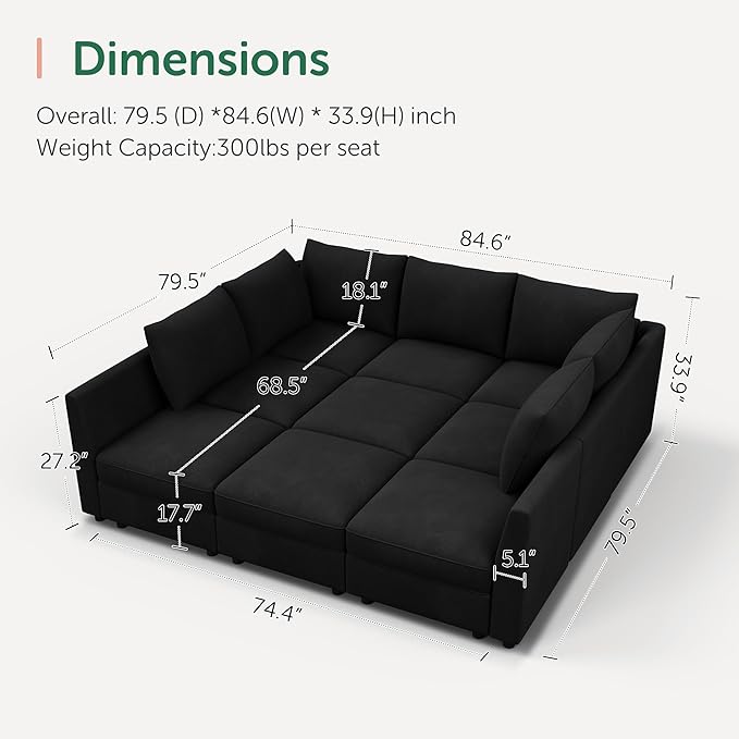 HONBAY Modular Sectional Sleeper Sofa with Storage Modular Convertible Sectional Couch Bed Modular Sectional Couches for Living Room,Black