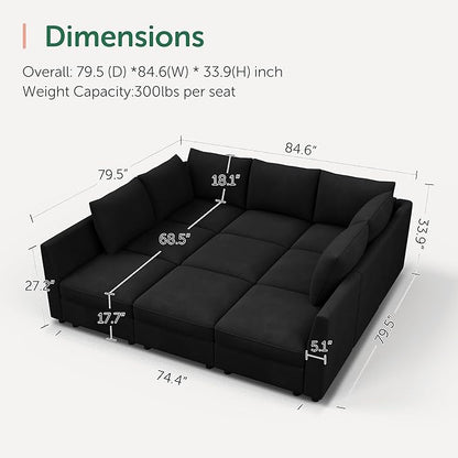 HONBAY Modular Sectional Sleeper Sofa with Storage Modular Convertible Sectional Couch Bed Modular Sectional Couches for Living Room,Black