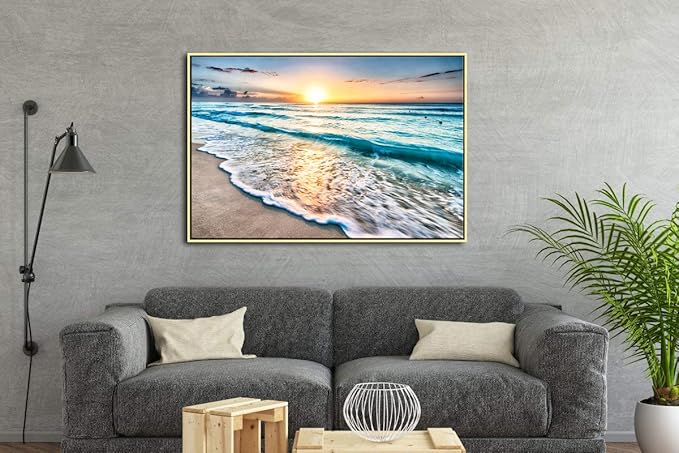 Wieco Art Framed Art Sea Waves Canvas Prints Wall Art Abstract Seascape Paintings for Living Room Home Decorations Large Framed Canvas Art Sea Artwork Golden Frame