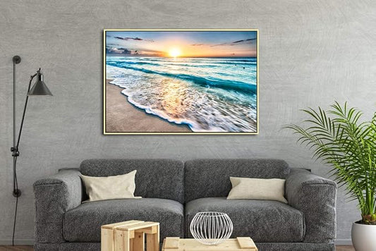 Wieco Art Framed Art Sea Waves Canvas Prints Wall Art Abstract Seascape Paintings for Living Room Home Decorations Large Framed Canvas Art Sea Artwork Golden Frame