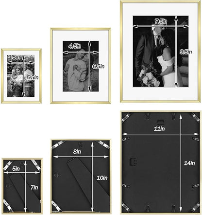 Frametory, Gold Aluminum Picture Frame with Removable Mat - Set of 7 Includes Four 5x7, Two 8x10, One 11x14 - Real Glass Front - Simple Gallery Wall Frames for Art Prints and Posters