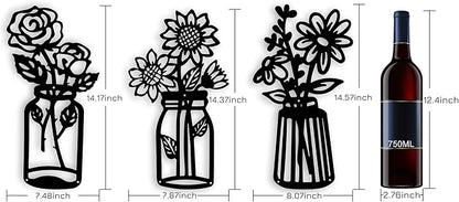 qzmaikoo 3 Pieces Sunflower Roses Daisy Black Metal Flowers Wall Decor Metal Vase Wall Art Metal Wall Sculptures Hanging for Indoor Kitchen Bathroom Bedroom Living Room,14.56x7.87 inches