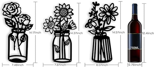 qzmaikoo 3 Pieces Sunflower Roses Daisy Black Metal Flowers Wall Decor Metal Vase Wall Art Metal Wall Sculptures Hanging for Indoor Kitchen Bathroom Bedroom Living Room,14.56x7.87 inches
